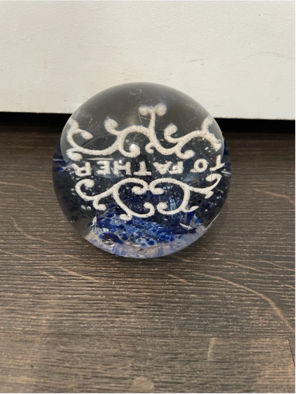 Hand Blown Art Glass Paperweight Vintage To Father Blue Bubbles